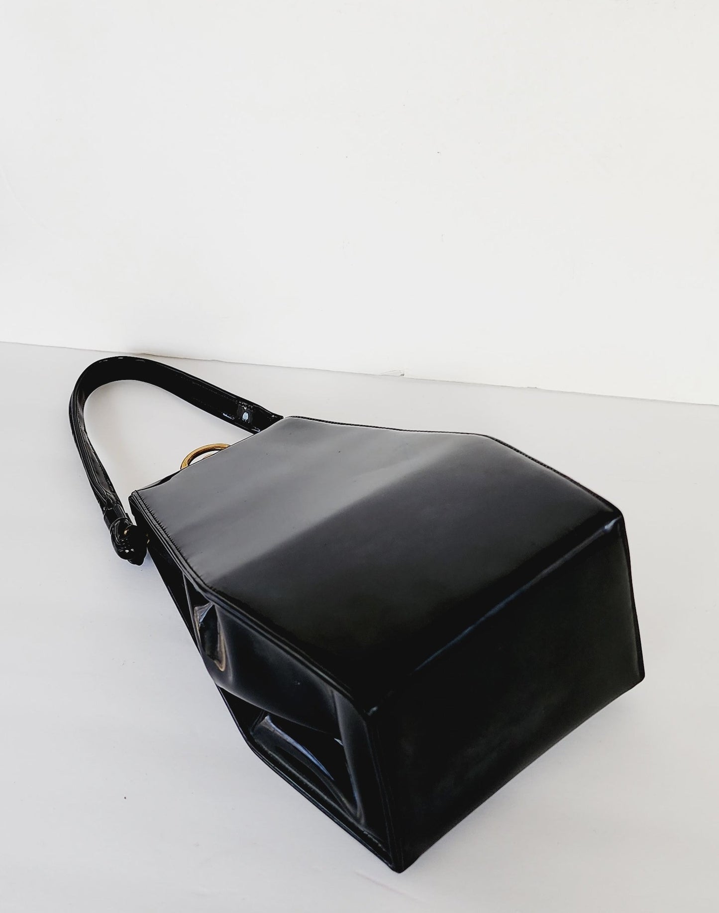 50s Black Patent Leather Bag with Top Handle / Oblong Geometric MCM Modernist Style by Lewis
