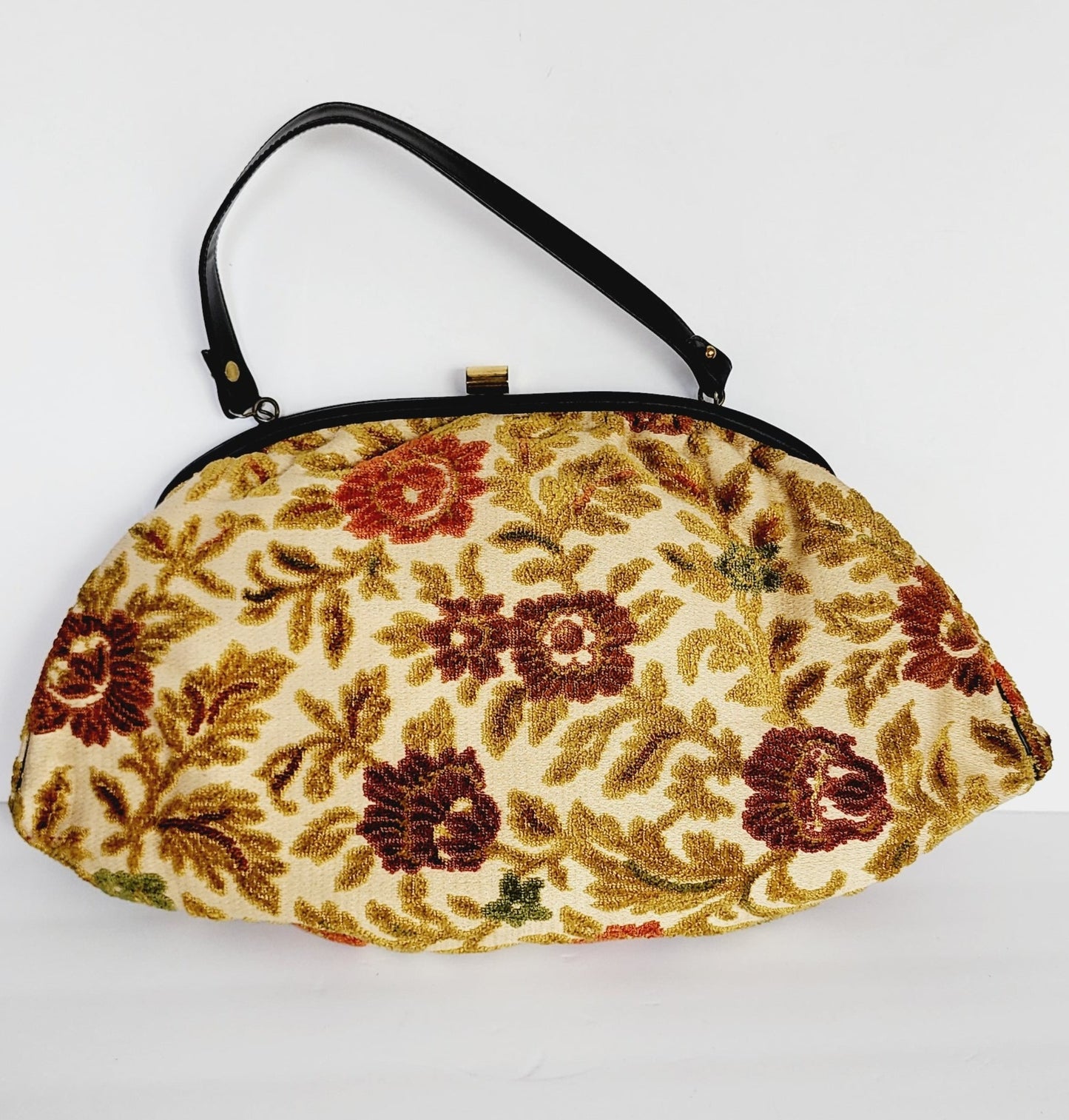 1960s Tapestry Bag Oversized Purse in Beige and Red Flowers