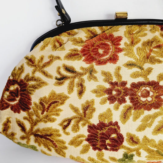 1960s Tapestry Bag Oversized Purse in Beige and Red Flowers