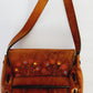 1970s Brown Hippie Shoulder Bag in Distressed Tooled Leather w/Colorful Flowers