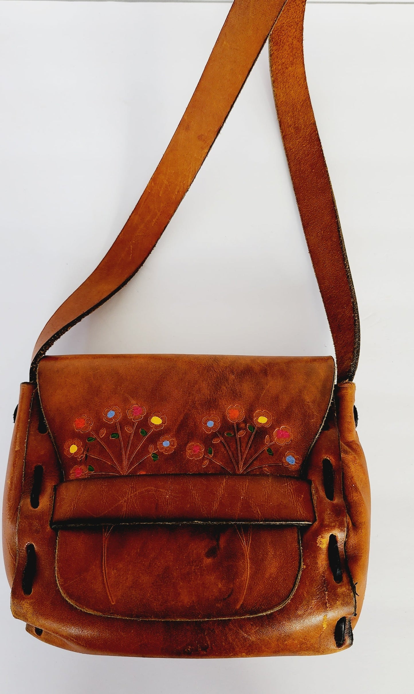 1970s Brown Hippie Shoulder Bag in Distressed Tooled Leather w/Colorful Flowers