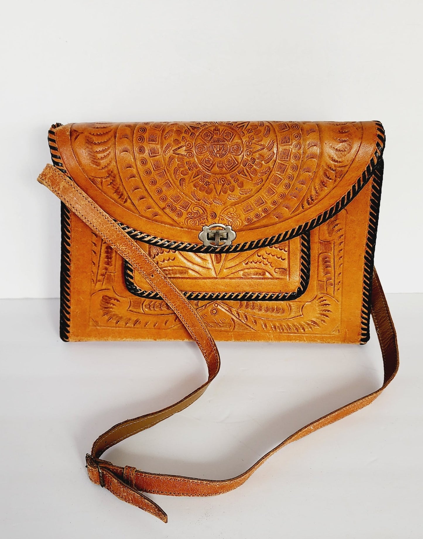 70s Tooled Leather Shoulder Bag Mexican Aztec Motif by National Bags