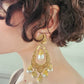 60s Chandelier Earrings Dangly Oversized Clips in Hammered Gold w/Faux Pearl Beads