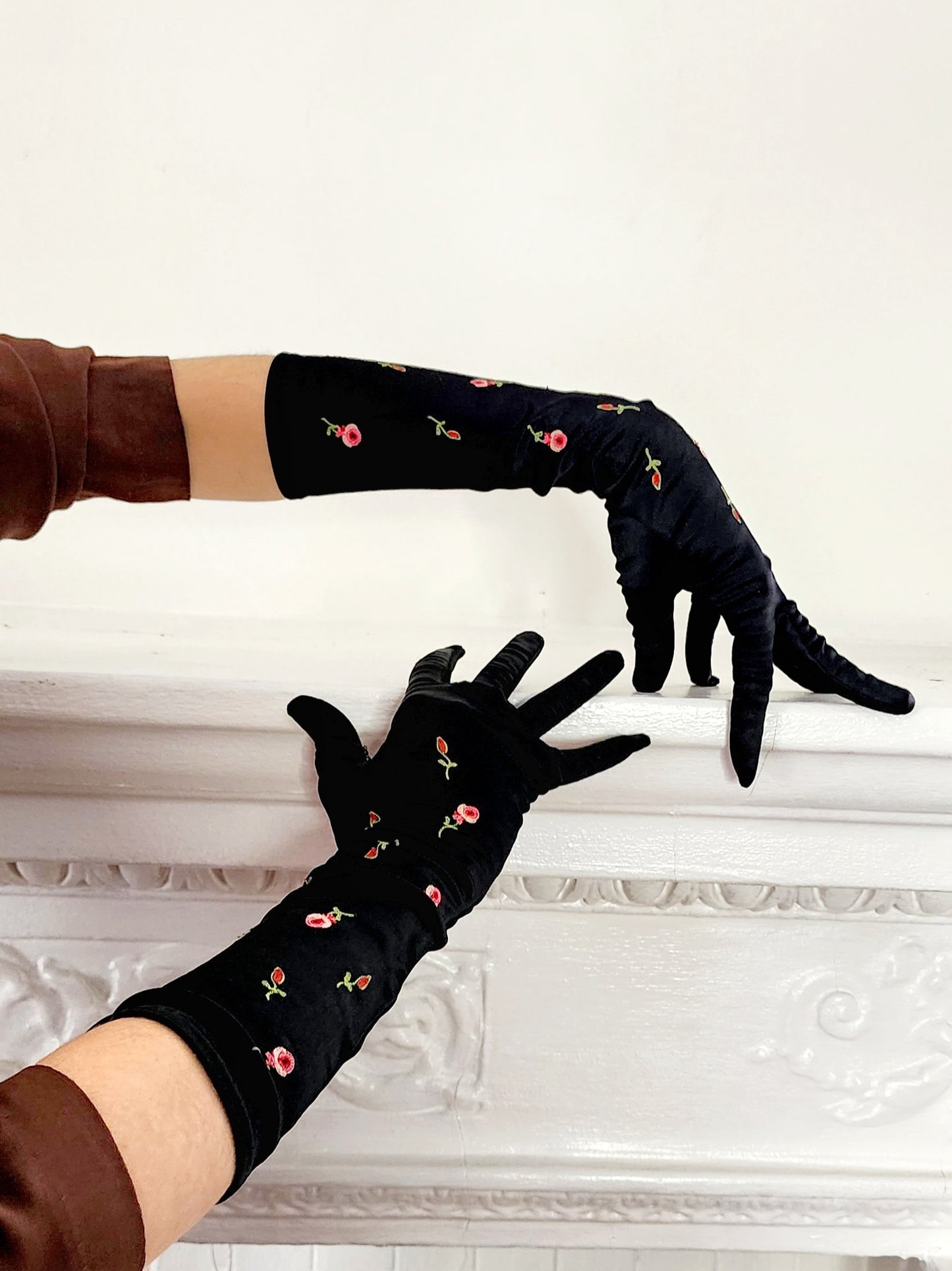 1950s Black Satin Gloves Pink Floral Embroidery