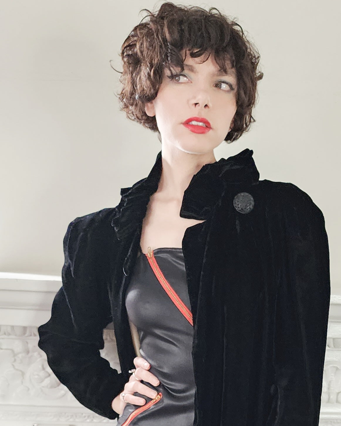 1930s Black Velvet Opera Coat Maxi Length Ruffled Collar / 30s Evening Wm Taylor & Sons M to L / Duteille