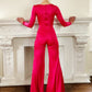 70s Fuschia Pink Disco Jumpsuit in Polyester Satin, Long Sleeves & Bell Bottoms / S