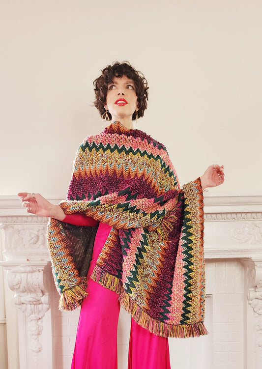 Knit Oversized Poncho in Rainbow Zigzag Pattern in Boho 70s Style