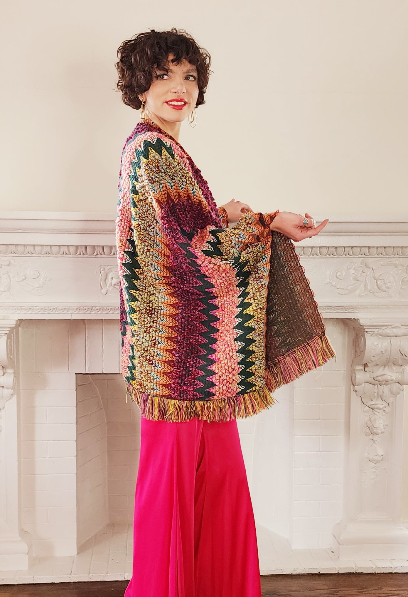 Knit Oversized Poncho in Rainbow Zigzag Pattern in Boho 70s Style