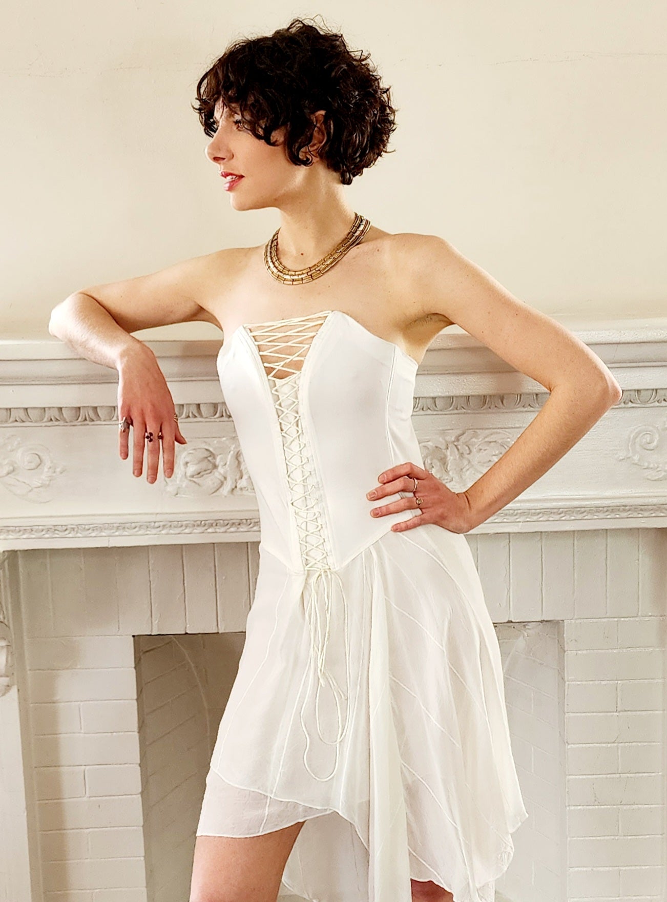 White Corset Lace Dress Asymmetrical Hem / Strapless Party Dress