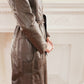 70s Brown Leather Trench Coat w/ Accent Seams & Matching Belt / S