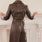 70s Brown Leather Trench Coat w/ Accent Seams & Matching Belt / S