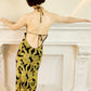 70s Disco Dress in Black with Gold Sparkle, Halter Style w/ Cutouts, Open Back & Deep Side Slits / S