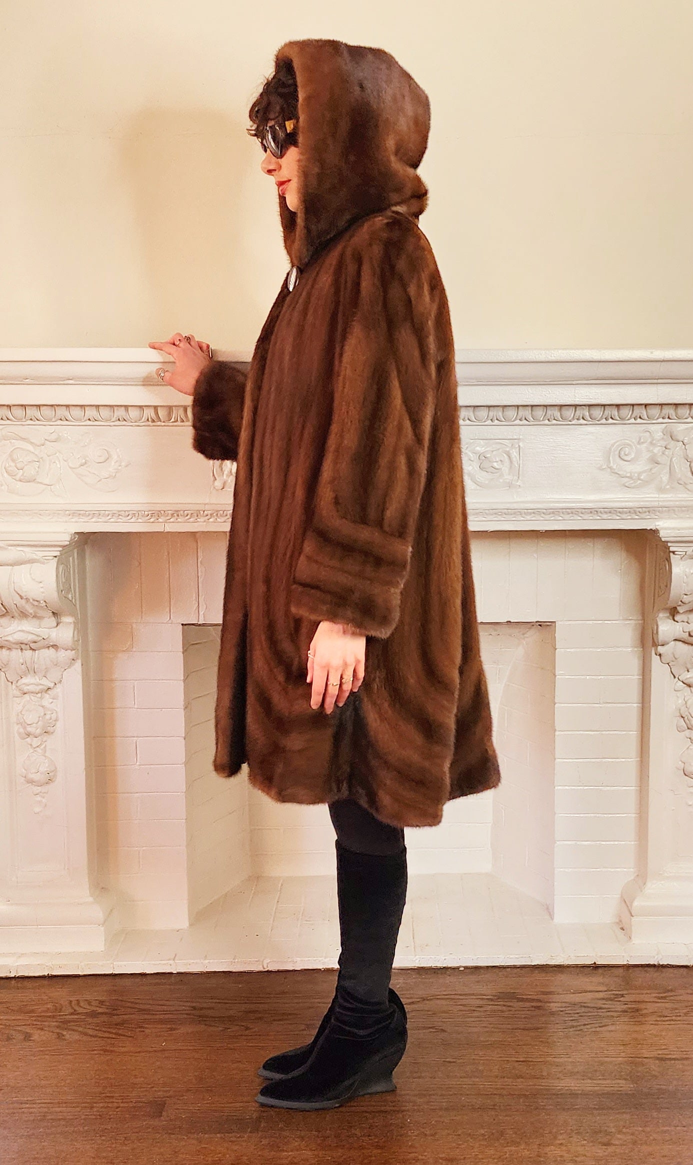90s Brown Mink Fur Stroller Coat, Hooded & Swing Style / S