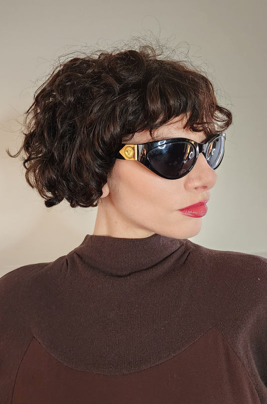 1990s Versace Sunglasses Medusa Head Goldwork + Case / 90s Black Gianni Versace Designer Shades / Donna