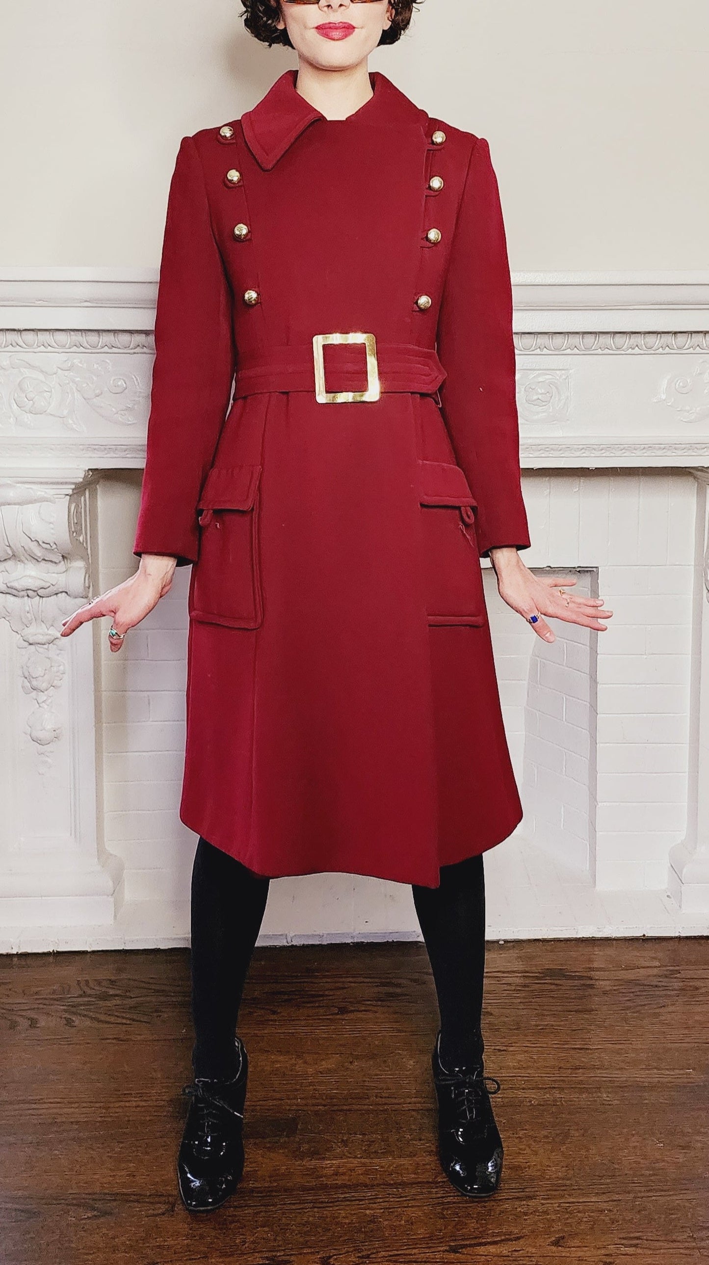 70s Burgundy Red Coat Double Breasted with Belt & Gold Buttons / M