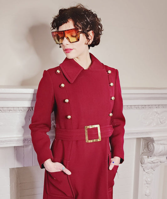 70s Burgundy Red Coat Double Breasted with Belt & Gold Buttons / M