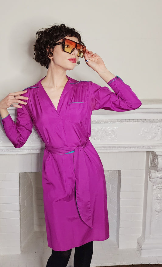 70s Diane Von Furstenberg Dress in Purple Silk w/Blue Trim & Matching Sash Belt / M