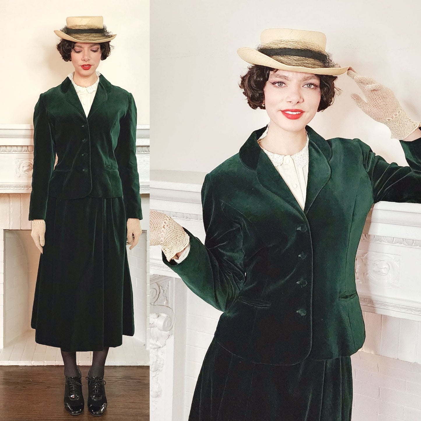 80s Laura Ashley Skirt Suit in Green Velvet, Midi Length Neo Edwardian Style / S