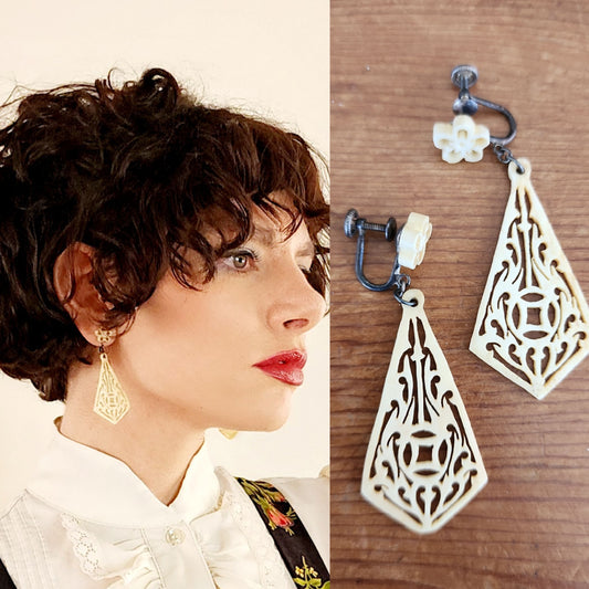 1940s Carved Bone Dangle Earrings in Cream / Sterling Screw on Clips