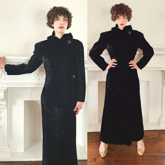 1930s Black Velvet Opera Coat Maxi Length Ruffled Collar / 30s Evening Wm Taylor & Sons M to L / Duteille