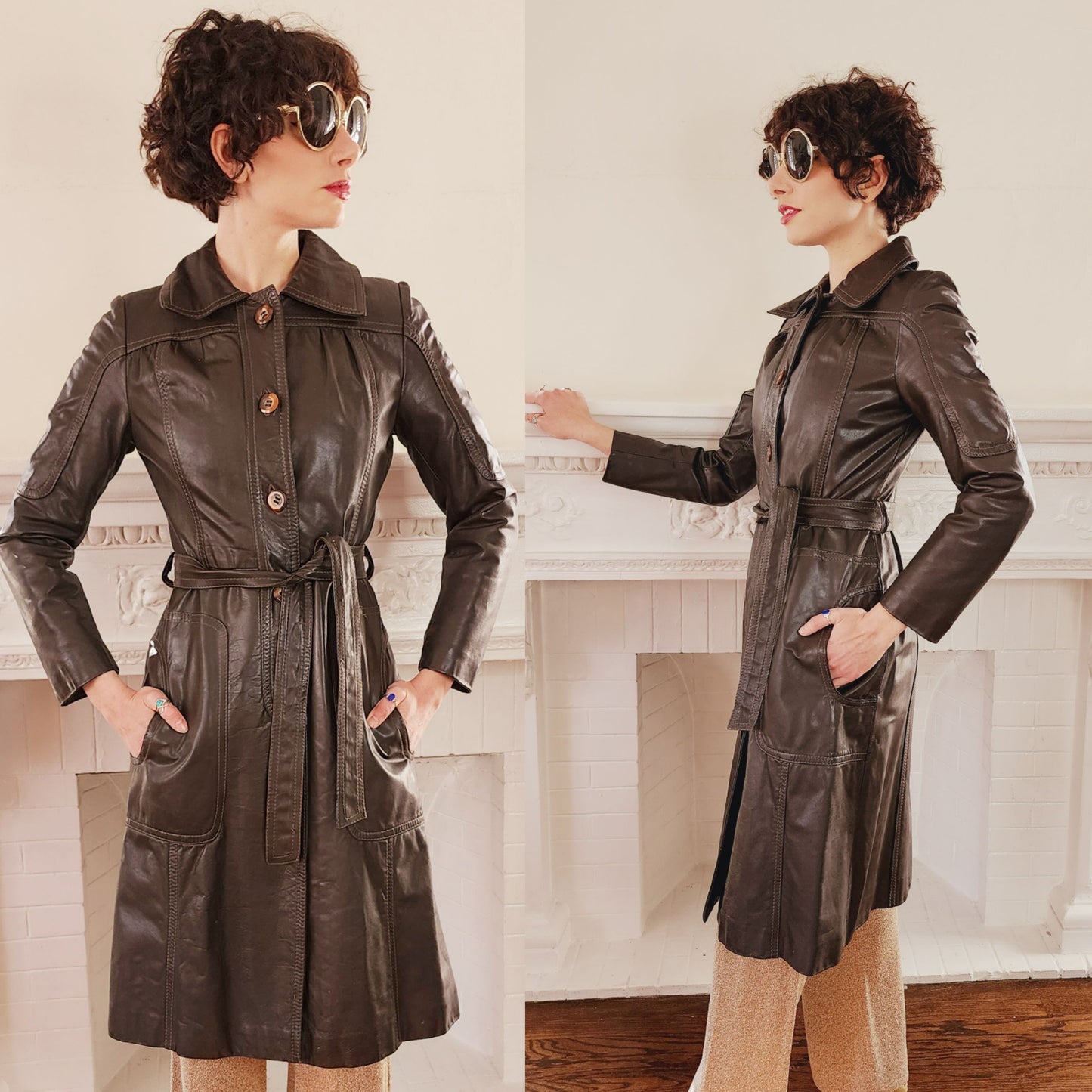 70s Brown Leather Trench Coat w/ Accent Seams & Matching Belt / S