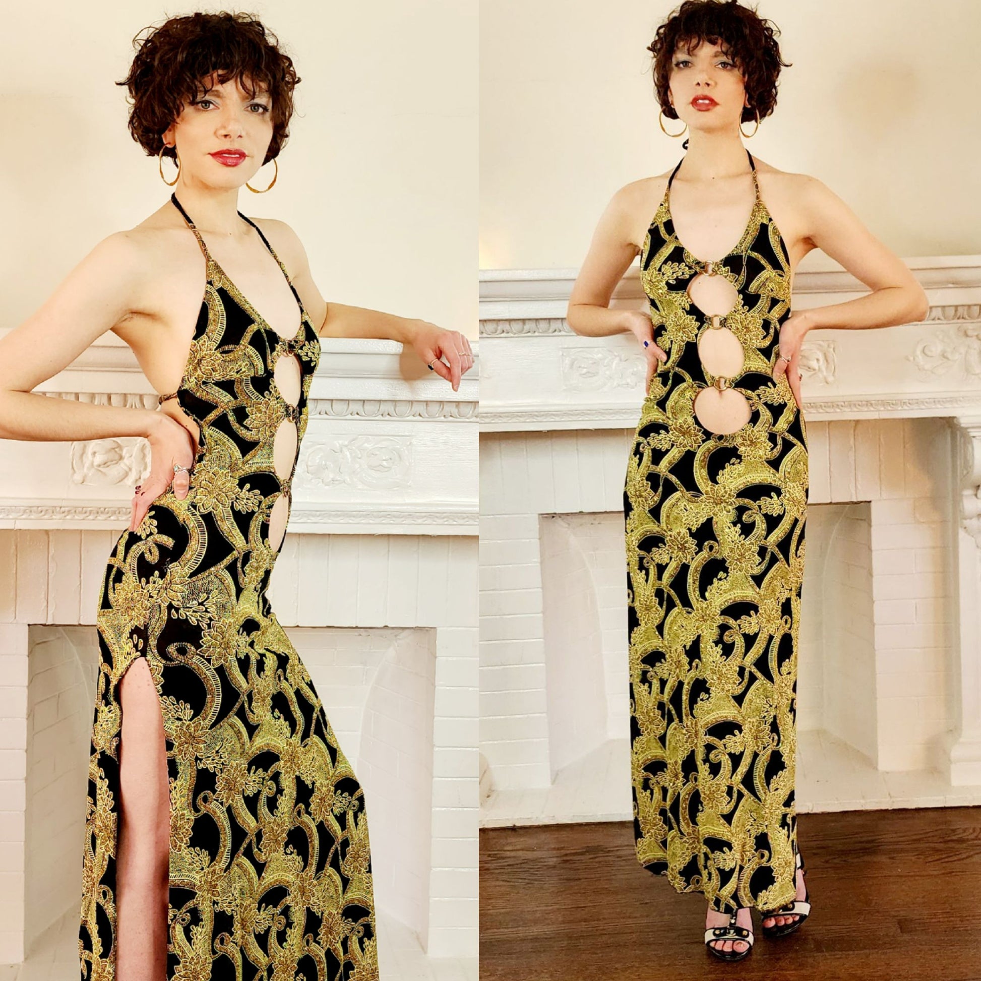 70s Disco Dress in Black with Gold Sparkle, Halter Style w/ Cutouts, Open Back & Deep Side Slits / S 70s Disco Dress in Black with Gold Sparkle, Halter Style w/ Cutouts, Open Back & Deep Side Slits / S