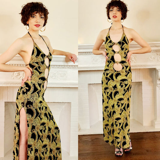 70s Disco Dress in Black with Gold Sparkle, Halter Style w/ Cutouts, Open Back & Deep Side Slits / S