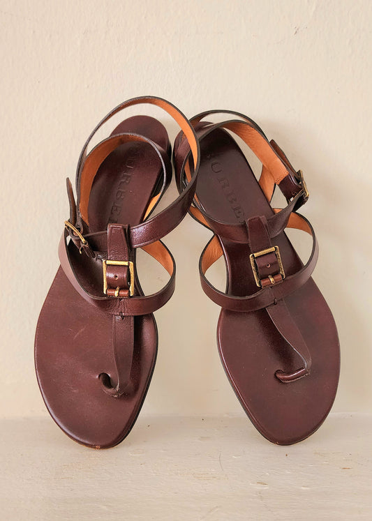 Burberry Brown Leather Sandals / Ankle Strap Thong Style Size 38