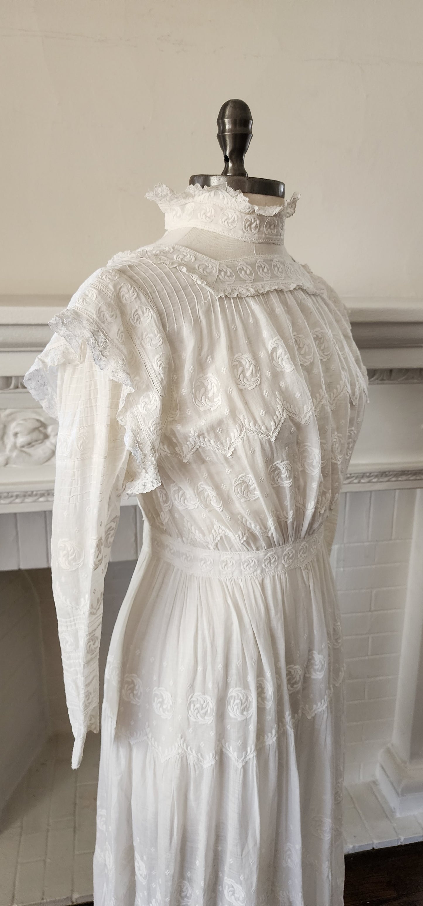 Antique Edwardian Lawn Dress / White Cotton Lace Embroidery AS IS