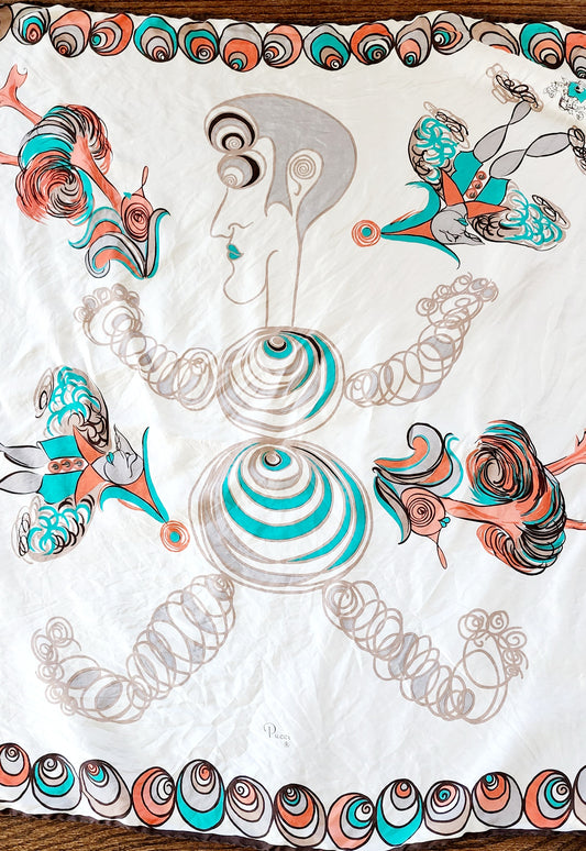 Pucci Silkprint Square Scarf 1950s Style Graphics of Carnival Figurines