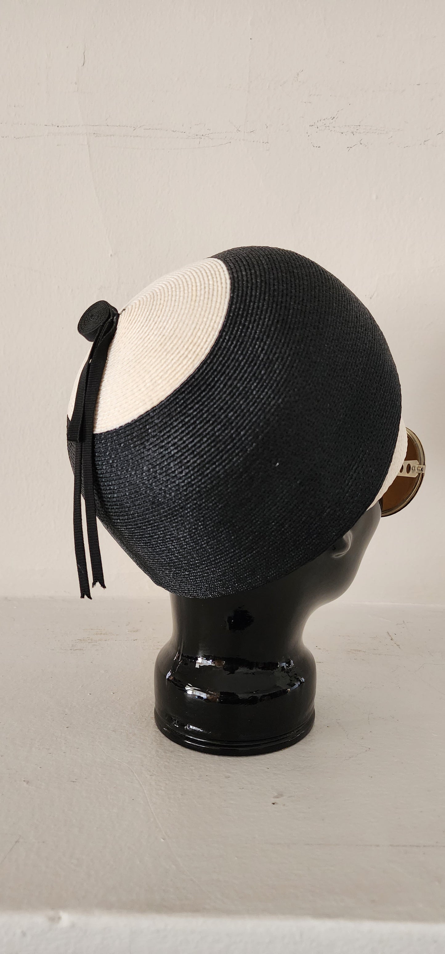 60s Mod Hat in Black & White Straw Domed Cloche by Doree of New York