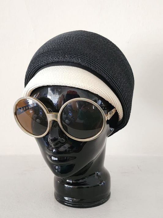 60s Mod Hat in Black & White Straw Domed Cloche by Doree of New York
