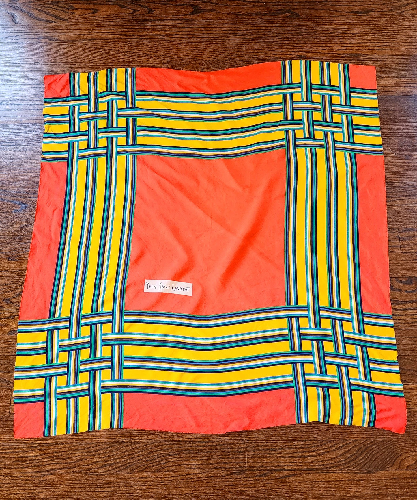 80s Yves Saint Laurent Vintage Orange Yellow Green Geometric Print Silk Scarf