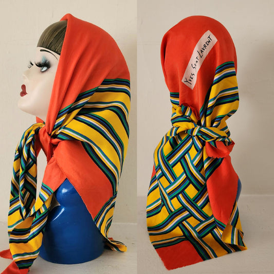 80s Yves Saint Laurent Vintage Orange Yellow Green Geometric Print Silk Scarf