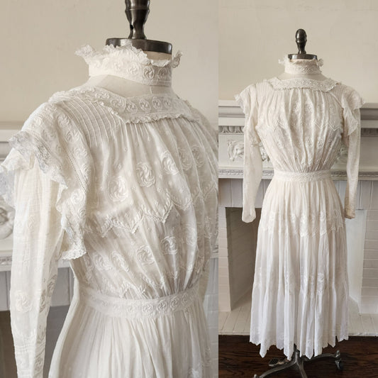 Antique Edwardian Lawn Dress / White Cotton Lace Embroidery AS IS
