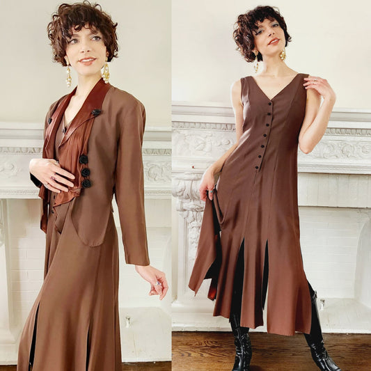 90s Dress Suit by Wild rose in Brown Rayon / Romantic Blazer & Sleeveless Dress Ensemble / M