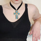 90s Choker Necklace Silver & Turquoise Cross Pendant Black Velvet Band