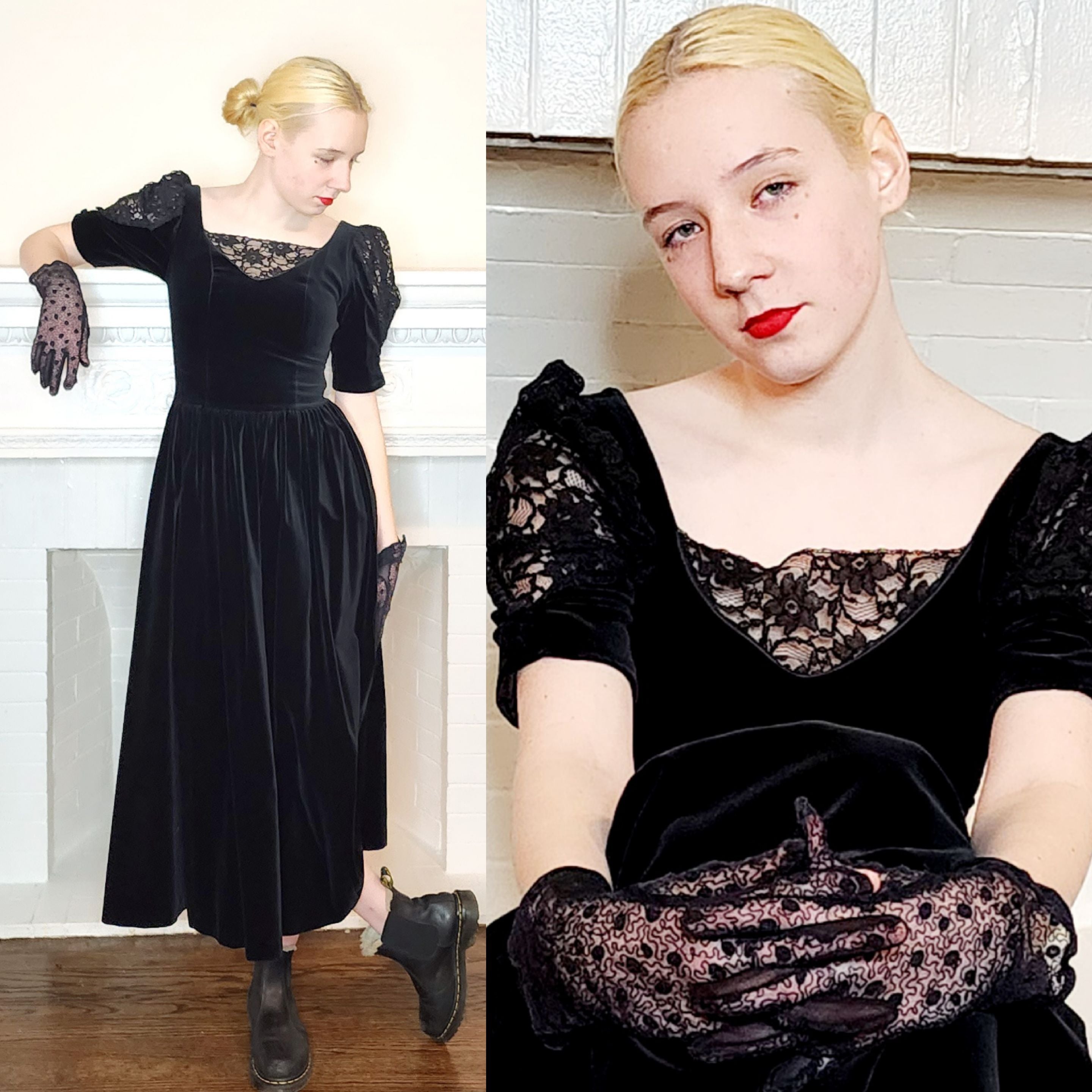 80s Black Velvet Party Dress by Laura Ashley w. Short Puffed Sleeves RareJule Vintage