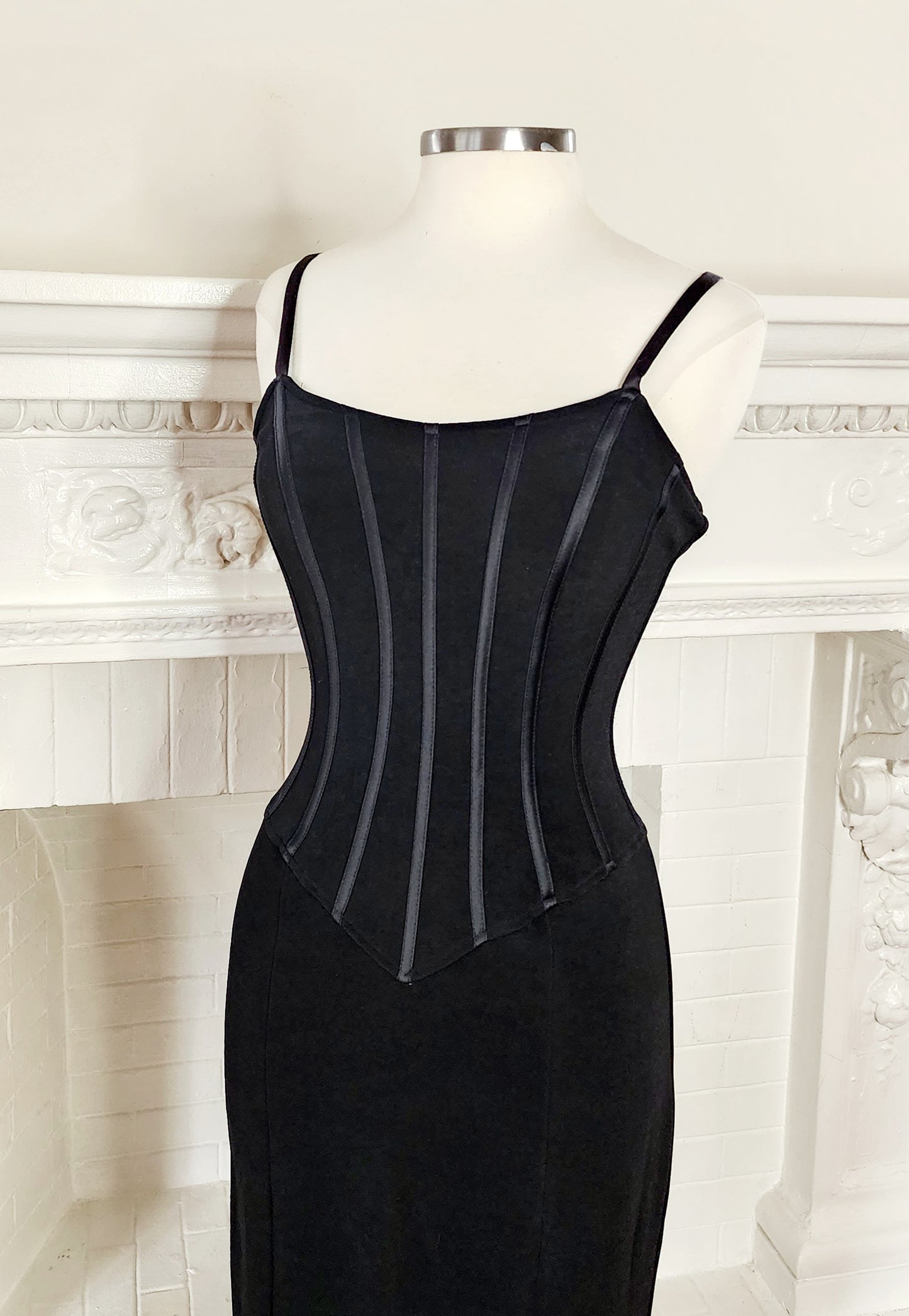 90s Black Evening Dress Striped Bustier by Betsy & Adam / Small