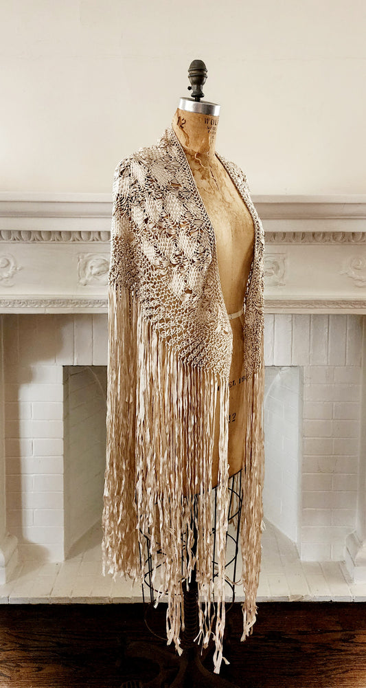 Vintage Cream Shawl or Wrap Silk Knit with Long Fringe and Openwork Lace / Neo-Edwardian