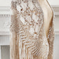Vintage Cream Shawl or Wrap Silk Knit with Long Fringe and Openwork Lace / Neo-Edwardian