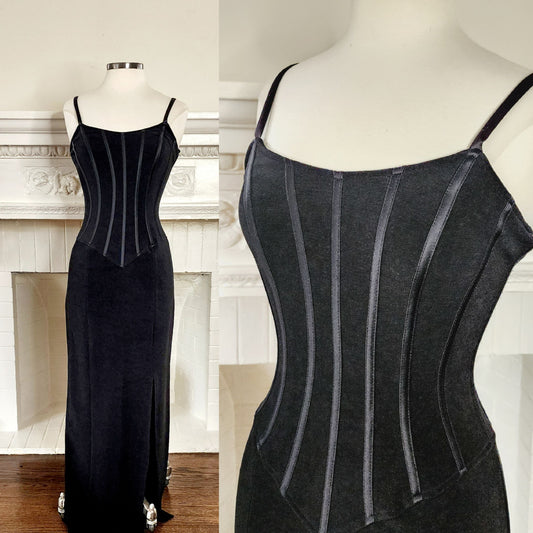 90s Black Evening Dress Striped Bustier by Betsy & Adam / Small