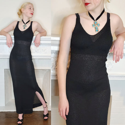 90s Black Knit Evening Dress with Spaghetti Straps / Minimalist Elegance / S