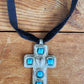 90s Choker Necklace Silver & Turquoise Cross Pendant Black Velvet Band