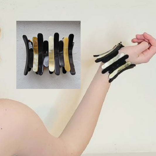 70s Bracelet in Black & Beige Stripe, Stretchy Elastic