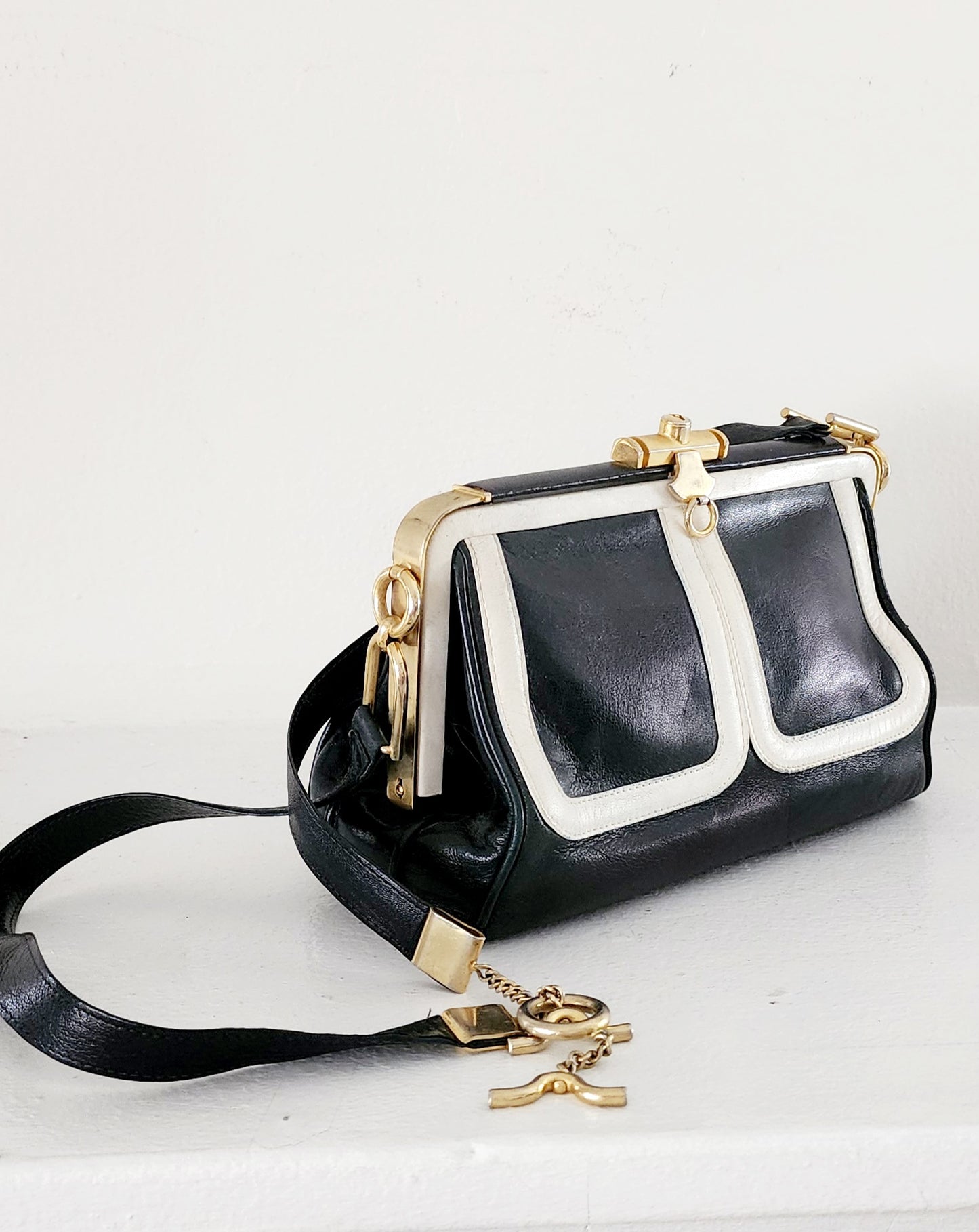 80s Black & White Leather Satchel Bag by Zenith Made in Italy