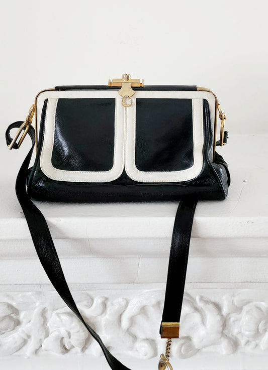 80s Black & White Leather Satchel Bag by Zenith Made in Italy