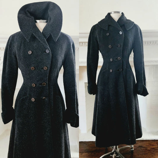40s 50s Gray Wool Princess Coat w/Shawl Collar & Double Breasted Closure / Small