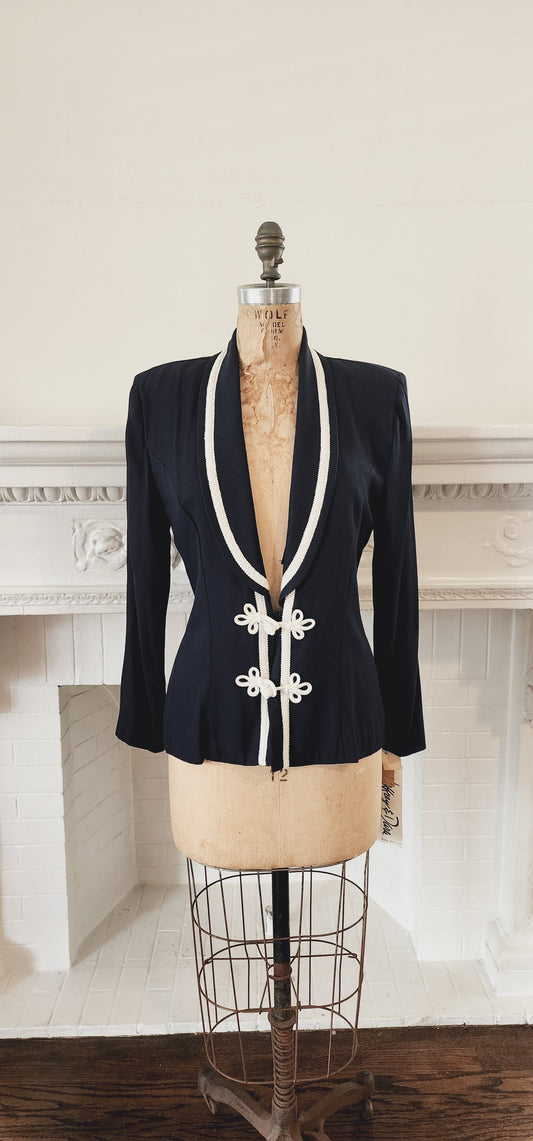 90s Navy Blue Blazer with White Embroidery by Jeffrey & Dara NWT / M
