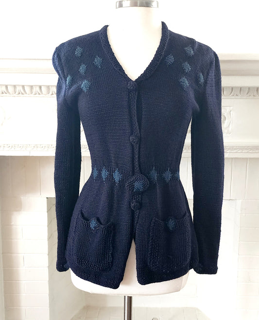 30s Navy Blue Handknit Cardigan with Diamond Panels / Medium